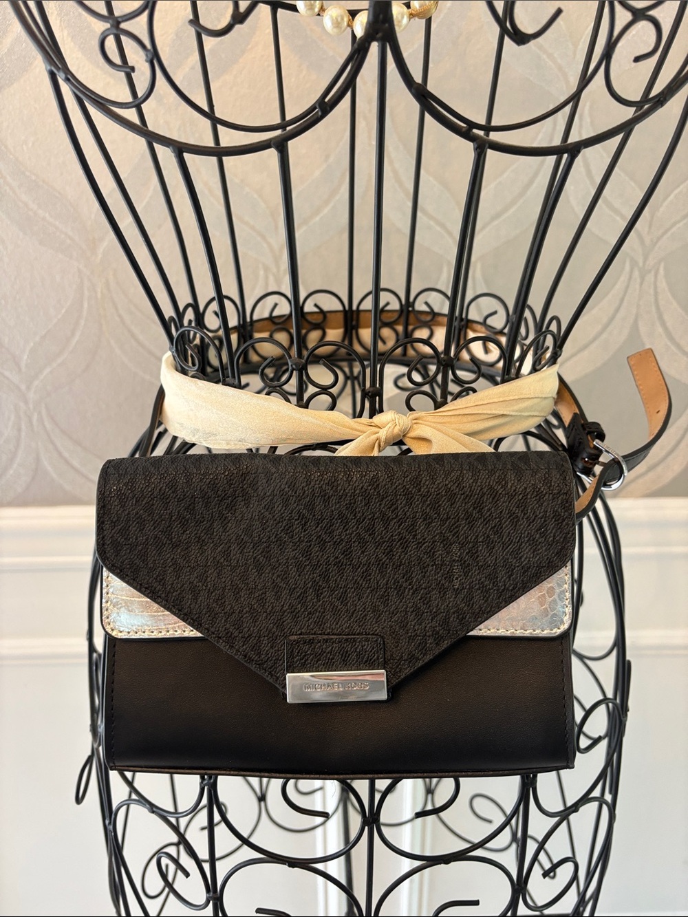 Michael Kors Black and Silver Belt Envelope Bag